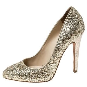 Jimmy Choo Esme metallic gold coarse glitter victoria heel pumps round toe 36